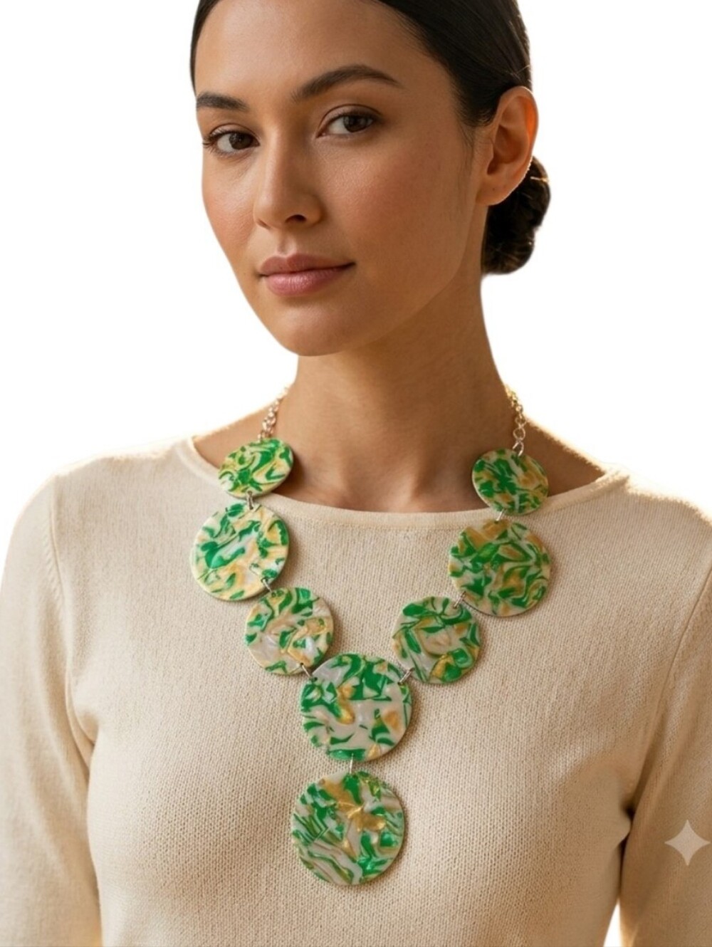 Green & Gold Marbled Acrylic Disc Bib Statement Necklace | Bold Abstract